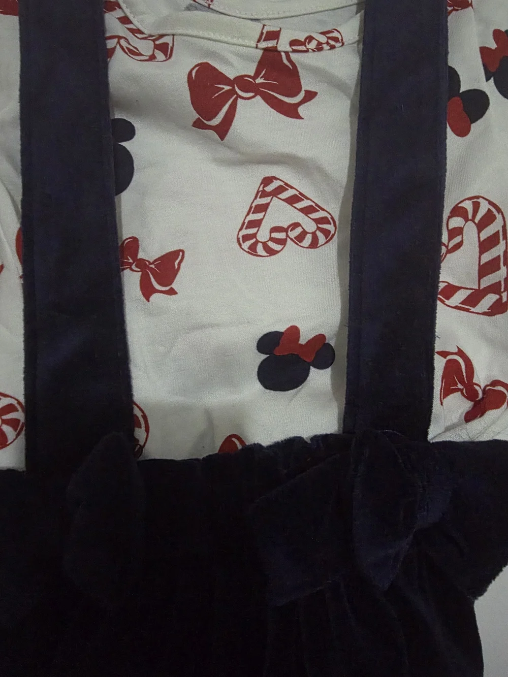 Disney Minnie Mouse  Navy Velvet Suspender Skirt with White Red-Bow Print Top